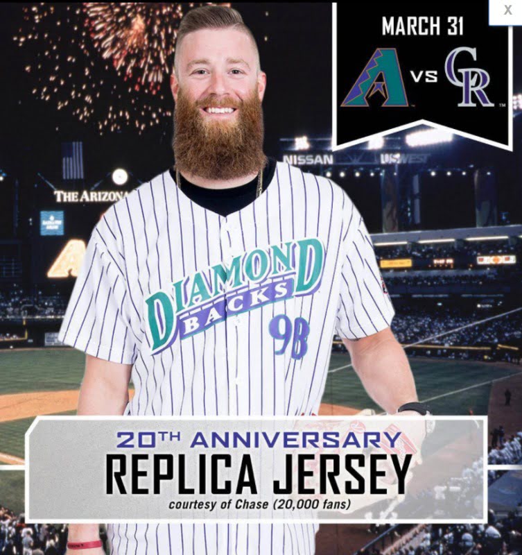 March 31, 2018 Arizona Diamondbacks - 20th Anniversary Replica Jersey - Stadium Giveaway Exchange