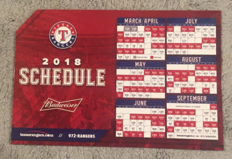 March 29, 2018 Texas Rangers – Magnetic Schedule