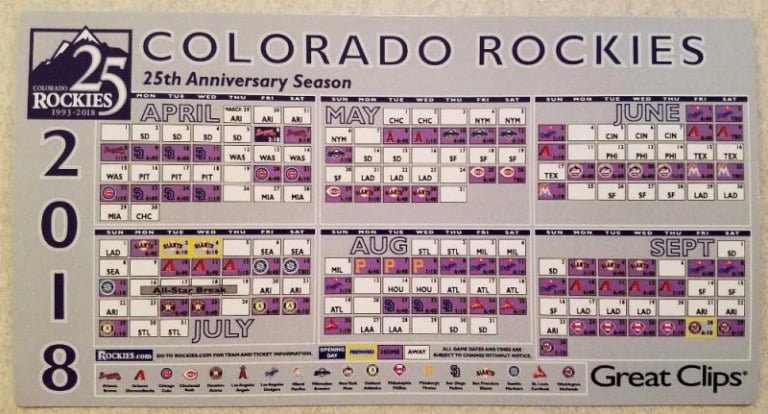 April 7, 2018 Colorado Rockies – 25th Anniversary Season Magnet Schedule