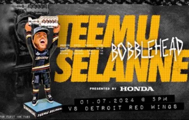 January 7, 2024 Anaheim Ducks – Teemu  Selanne bobblehead